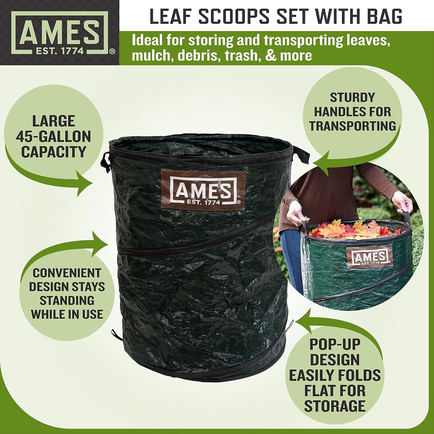 3-Piece Leaf Cleanup Kit with Collapsible Yard Bag & Garden Claws
