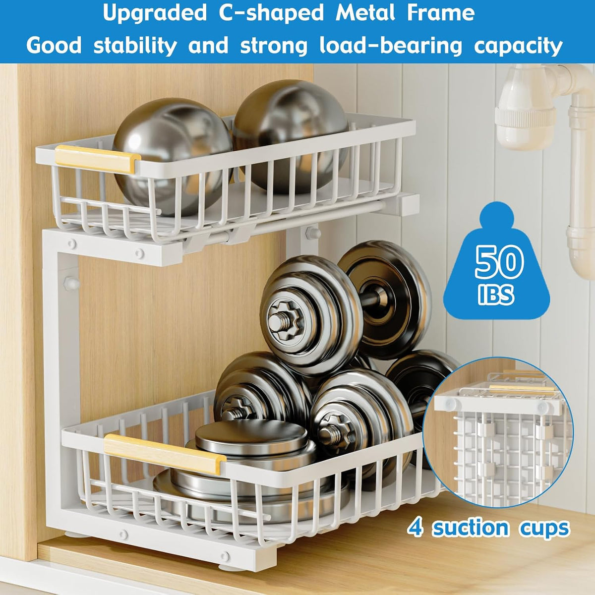 2Pcs under Sink Organizer, Adjustable under Sink Organizers and Storage, 2-Tier Pull Out under Kitchen Sink Organizer, Sliding Out Metal under Bathroom Sink Organizer for Kitchen Pantry White