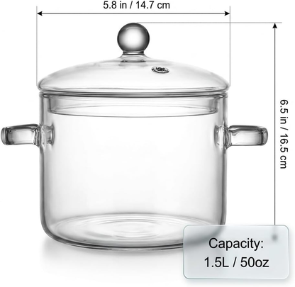 Borosilicate Glass Cooking Pot with Lid and Handle, 1.5L (50oz) Clear Saucepan for Stovetop Use - Ideal for Individual Portions