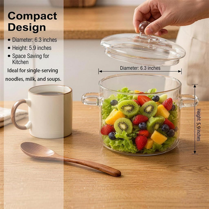 Borosilicate Glass Cooking Pot with Lid and Handle, 1.5L (50oz) Clear Saucepan for Stovetop Use - Ideal for Individual Portions