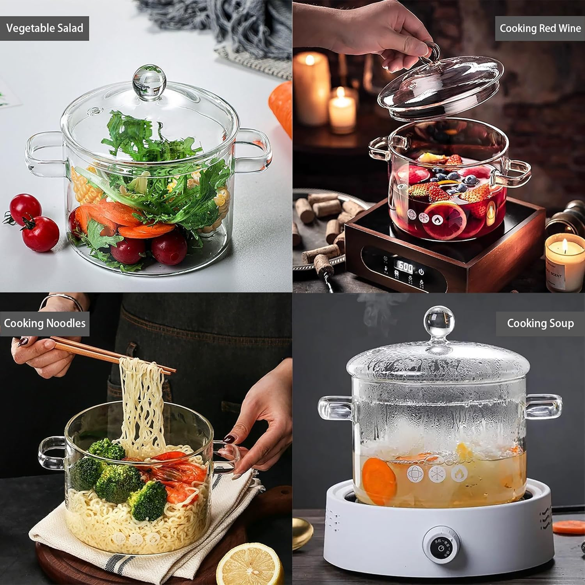 Borosilicate Glass Cooking Pot with Lid and Handle, 1.5L (50oz) Clear Saucepan for Stovetop Use - Ideal for Individual Portions