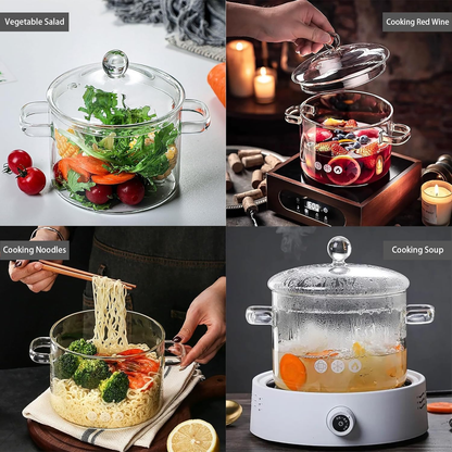 Borosilicate Glass Cooking Pot with Lid and Handle, 1.5L (50oz) Clear Saucepan for Stovetop Use - Ideal for Individual Portions