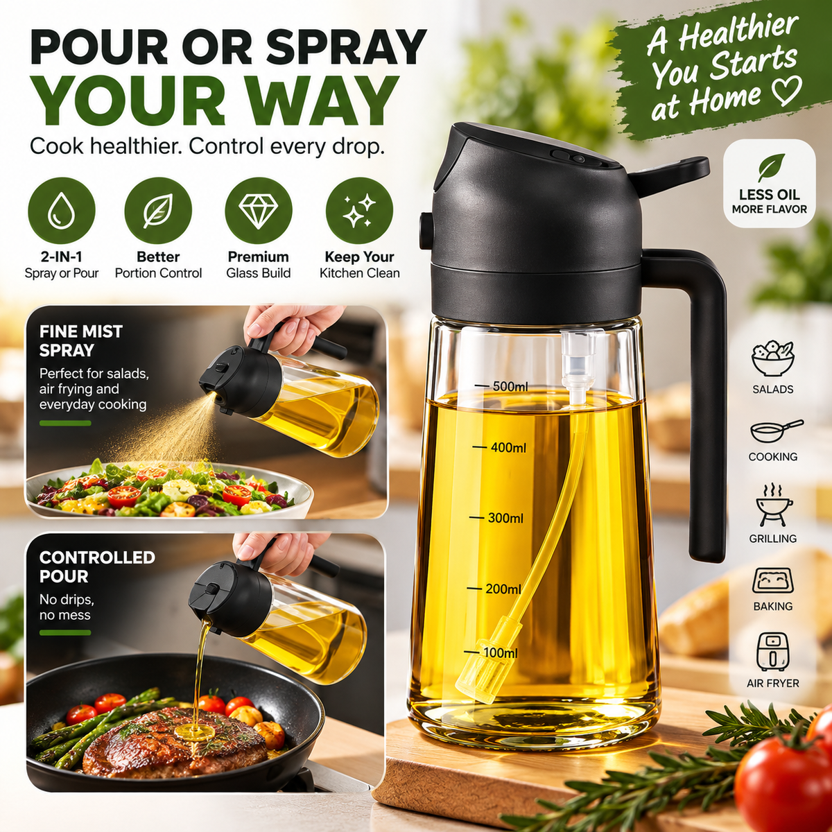 2-in-1 Glass Oil Sprayer & Dispenser – 16 oz