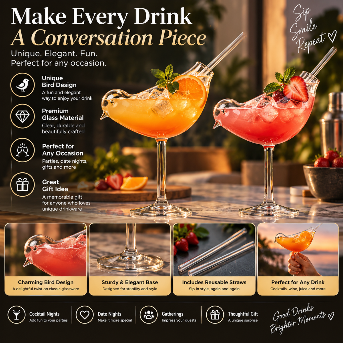Bird-Shaped Cocktail Glasses – Elegant 2-Piece Set