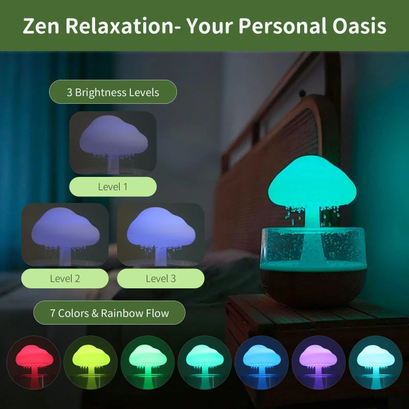 Mushroom Cloud Rain Lamp Changing LED Tabletop Fountain with Water Drip Sounds USB Rechargeable Desk Decor for Home Office