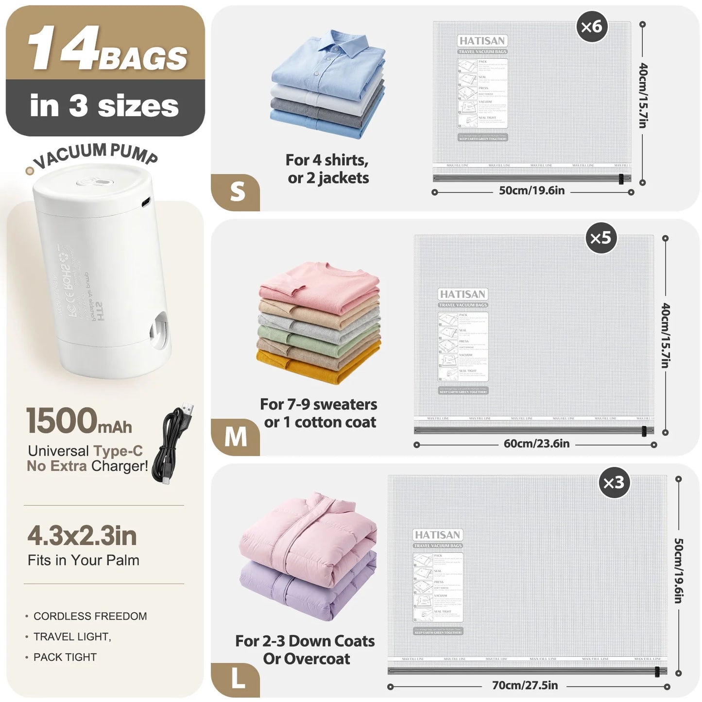 14-Piece Vacuum Storage Bag Set with Rechargeable Electric Pump