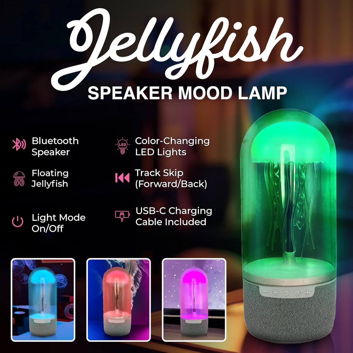Jellyfish Mood Lamp with Bluetooth Speaker, Color Changing LED, Floating Jellyfish, Volume Control